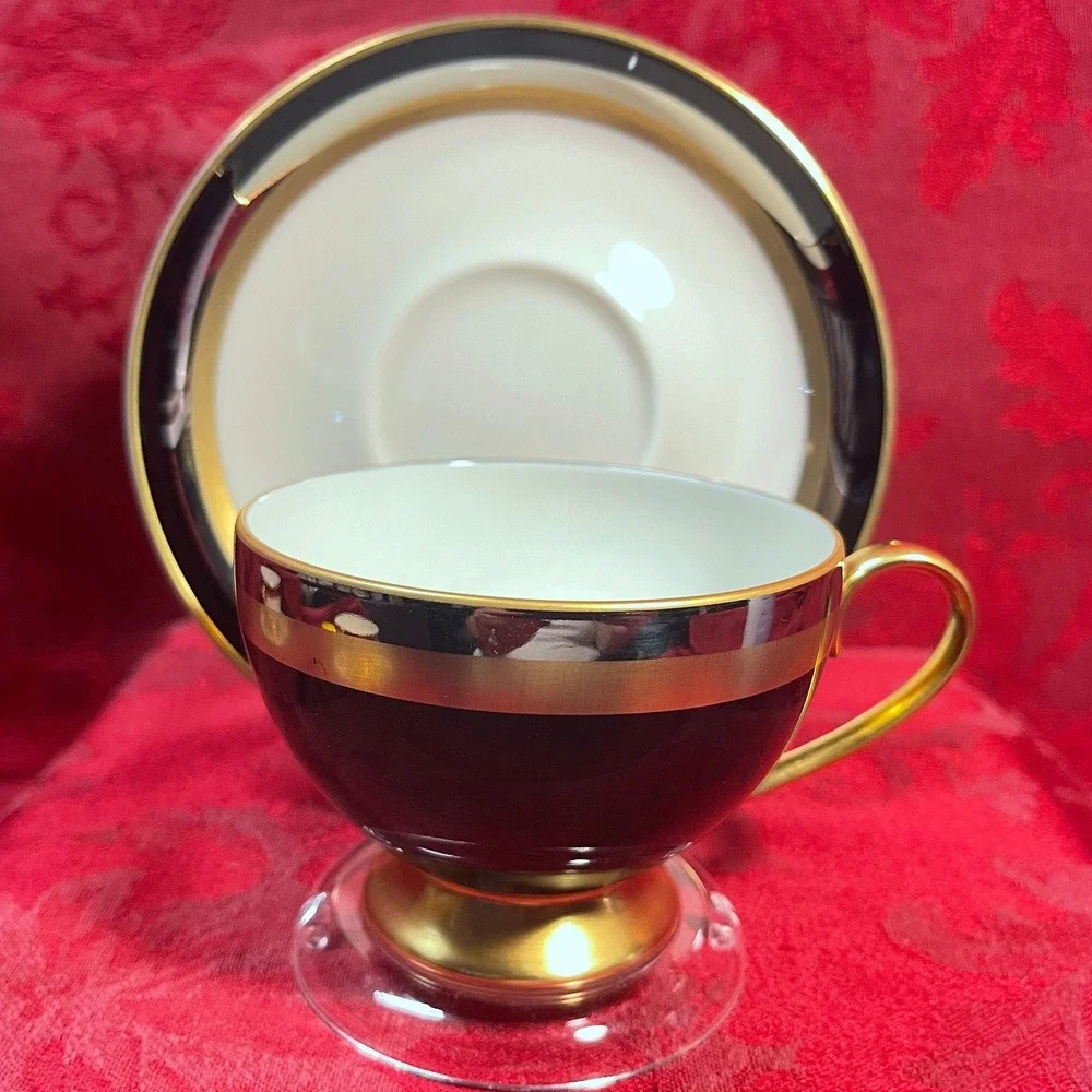 Gorham Midnight Contessa Tea Cup and Saucer Set 24K Gold Fine China Japan Rare